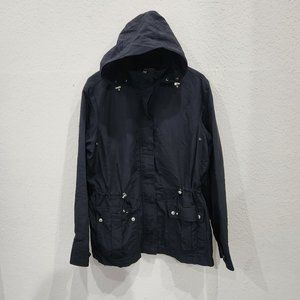 Lands End Rain Coat Womens Medium Hooded Waterproof Navy Blue Cinch Waist Hooded